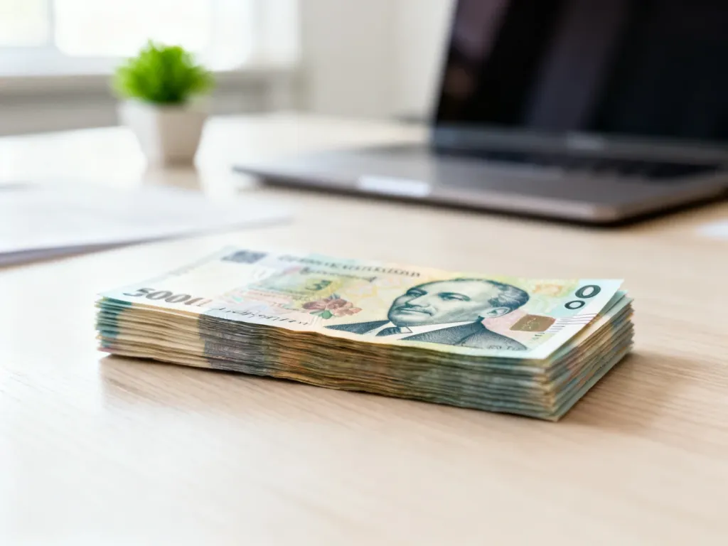 Stos banknotów rumuńskiej waluty leja na biurku w nowoczesnym biurze, symbolizujący kwestie płacowe.