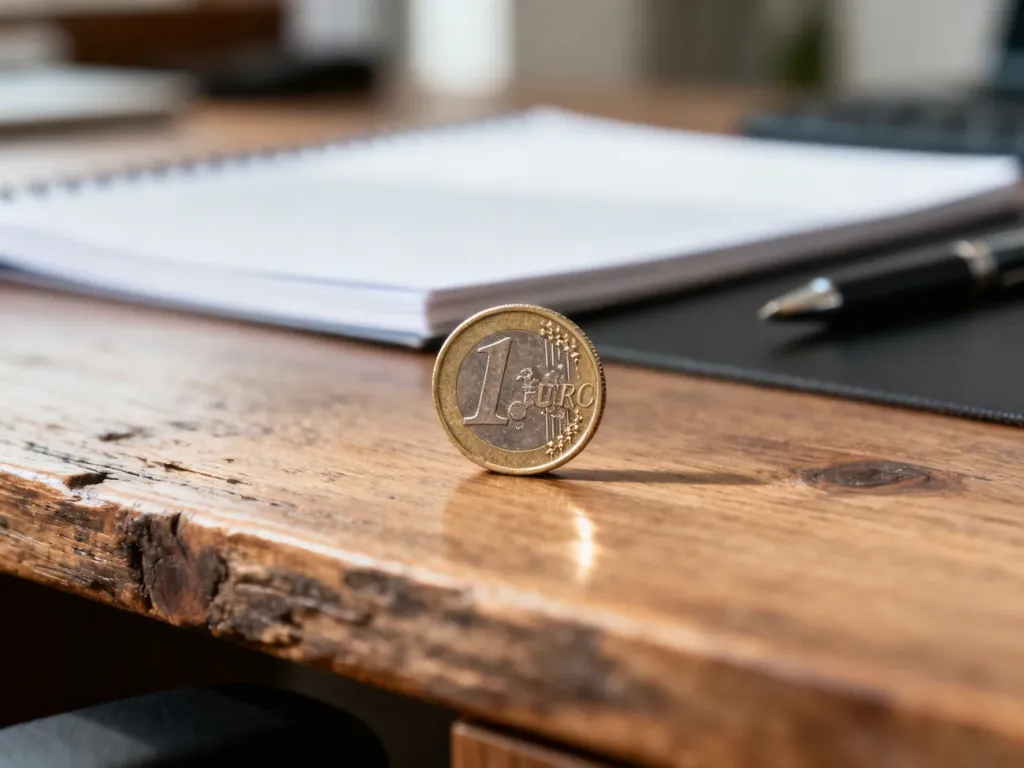 Moneta euro leżąca na drewnianym biurku, symbolizująca kwestie finansowe i zarobki we Włoszech.