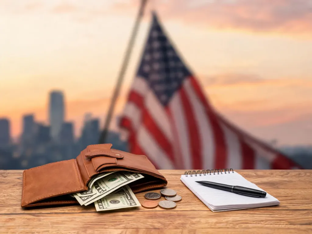 Portfel z kilkoma dolarami na stole na tle rozmytej flagi USA, symbolizujący niską płacę minimalną w Stanach Zjednoczonych.
