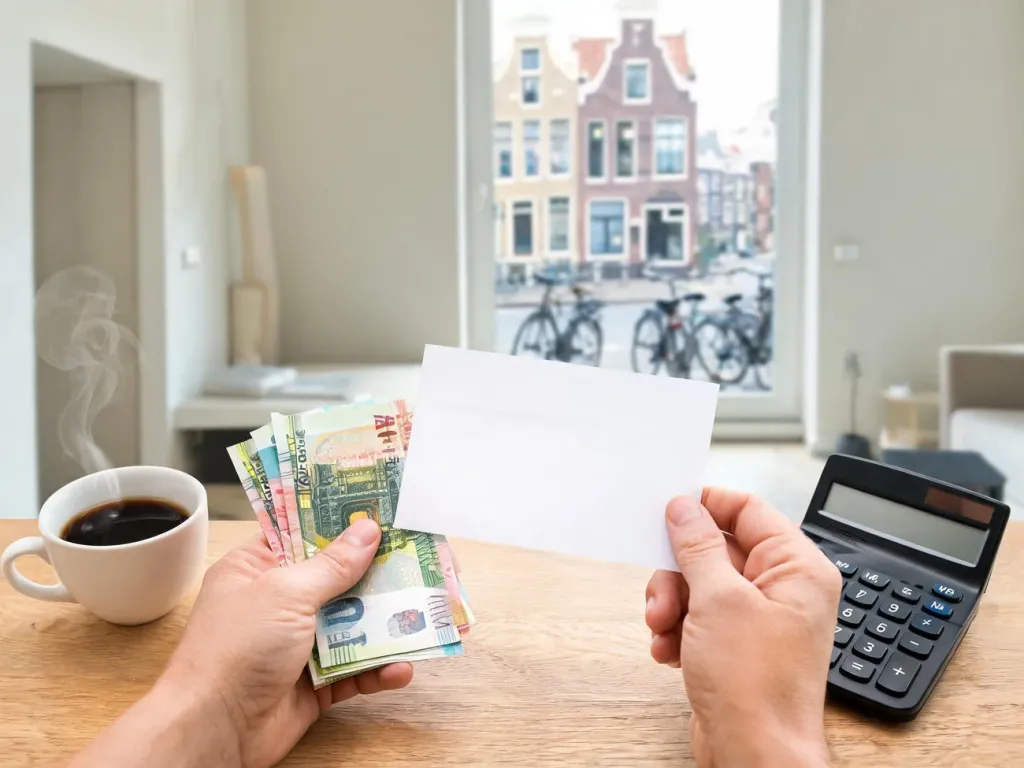 Osoba liczy wypłatę w euro przy prostym pasku płac i kalkulatorze, ilustrując wysokość najniższej krajowej w Holandii.