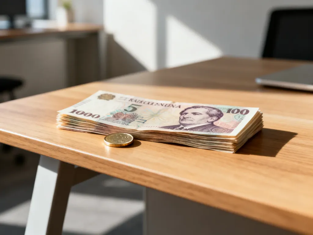 Stos banknotów forintów i moneta na drewnianym biurku w nowoczesnym biurze, symbolizujące węgierskie zarobki.