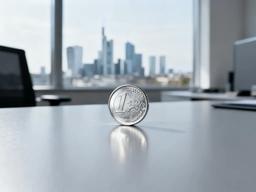 Srebrna moneta euro leżąca na biurku na tle rozmytej panoramy europejskiego miasta, symbolizująca zarobki i gospodarkę.