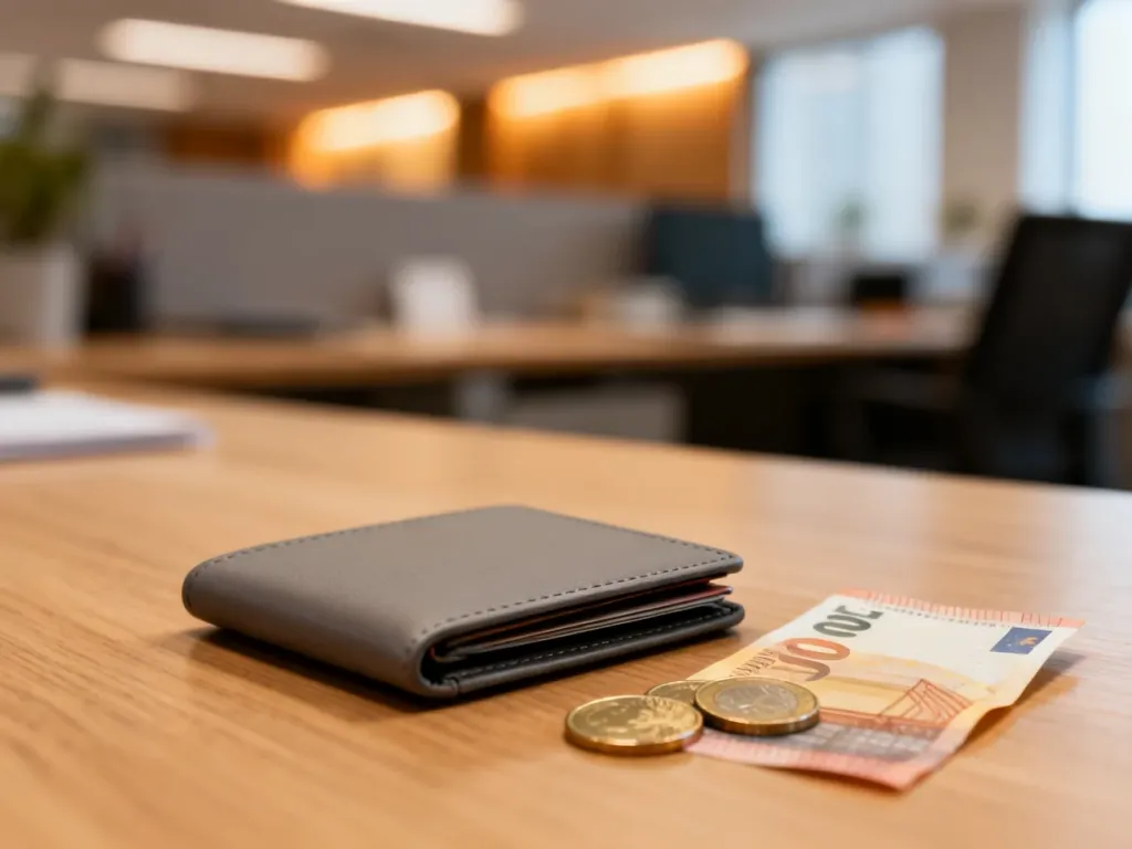 Euro na drewnianym biurku obok portfela, symbolizujące finanse i wynagrodzenie w kontekście pracy.