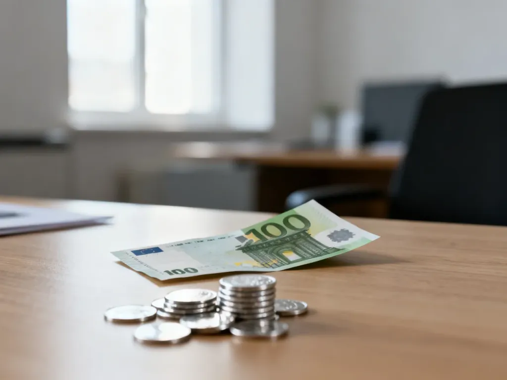 Banknot euro i stos monet na drewnianym biurku, symbolizujące kwestie finansowe i zarobki.