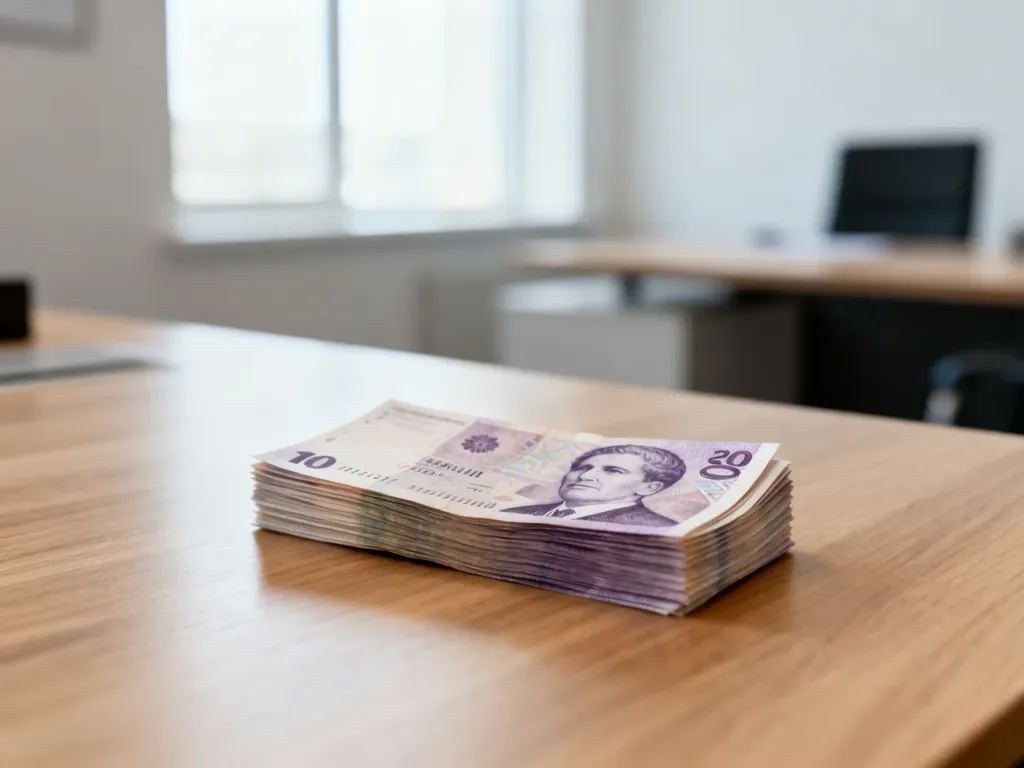 Stos serbskich banknotów na drewnianym biurku w nowoczesnym biurze, symbolizujący kwestie finansowe i zarobki.